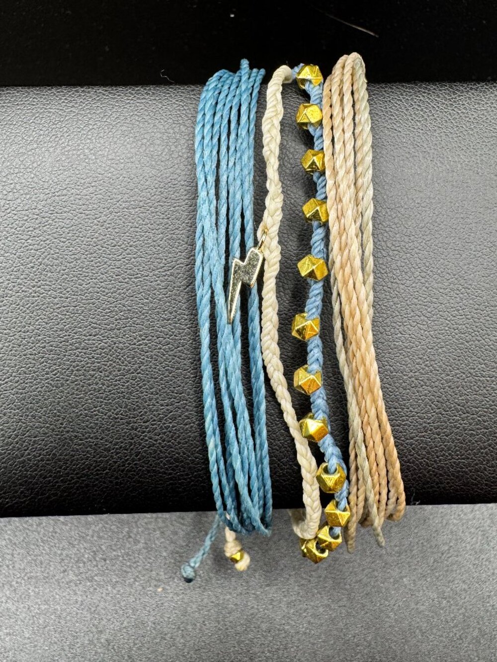 Pura Vida Silver Lightning Bolt Gold Studded Boho Beach Blue Bracelet Stack
